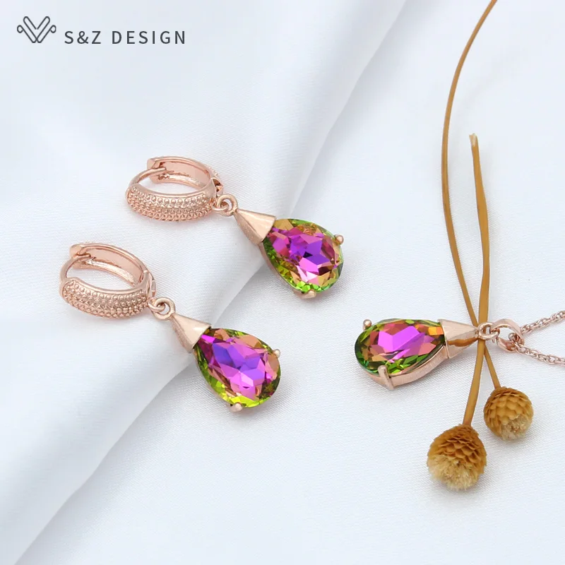 S&Z DESIGN New Fashion 585 Rose Gold Color Water Drop Crystal Dangle Earrings Jewelry Sets For Women Pendant Necklace Gift