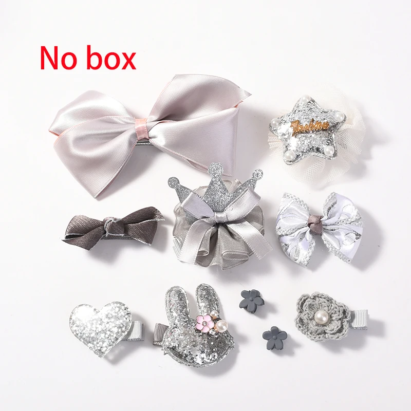 NO box - gray 10 шт./кор. дети милые женские аксессуары для волос комплект детскими волосами круг ткань с цветочным узором и бантом, заколки для волос для девочек, повязка на голову - Цвет: NO box - gray