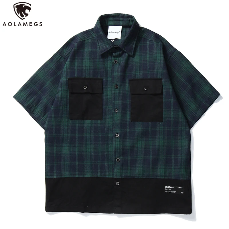 

Aolamegs Men Cargo Shirt Multi-Pocket Patchwork Plaid Letter Shirts Retro High Street Fashion Streetwear Short Sleeve Shirts men