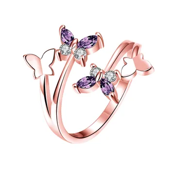 

AMORUI Purple Crystal Natural Stone Women Rings Rose Gold Color Romantic Butterfly AAA Zircon Copper Open Rings