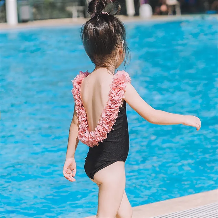 

INS Children High Set Stereo Flower Petal Backless GIRL'S One-piece Swimming Suit Parent And Child Hot Springs