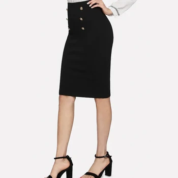 

Summer Autumn Skirts High Waist Muslim Buttons Bodycon Sheath Middle Skirt Women Solid Femme Pencil Skirts Streetwear