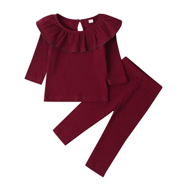 Jujube red Новые осенние модные трикотажные топы с оборками и длинными рукавами для маленьких девочек, футболка, леггинсы Хлопковые Штаны, одежда от 6 месяцев до 3 лет - Цвет: Jujube red