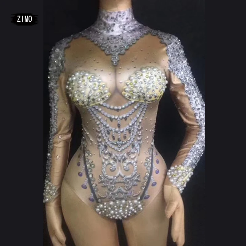 

Rhinestone pearl Sexy Nude Jumpsuit Stretch Bodysuit Outfit Female Singer Dance Nightclub Wear bodysuit performance costume rav