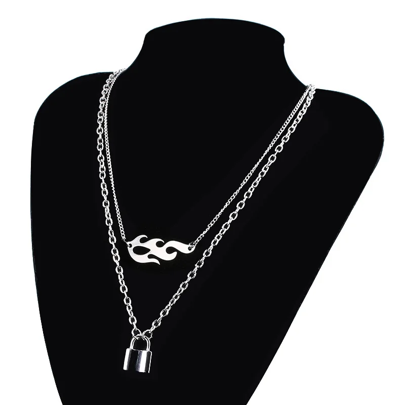 Двухслойное ожерелье с замком в стиле панк-рок, серебряное ожерелье с подвеской в стиле Харадзюку, хип-хоп, Классические готические ювелирные изделия унисекс - Metal Color: N270