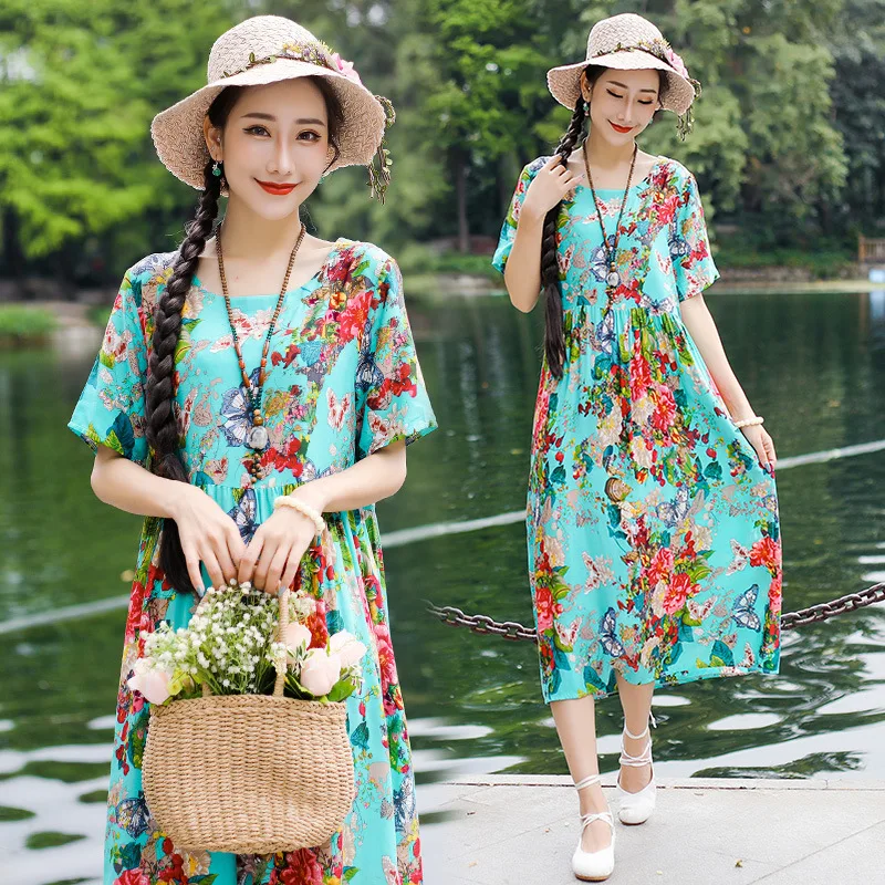 ^*Best Offers 2019 Summer Ethnic Literature And Art Cotton Linen Dress Short Sleeve Large Size Dress Slimming Long Skirts