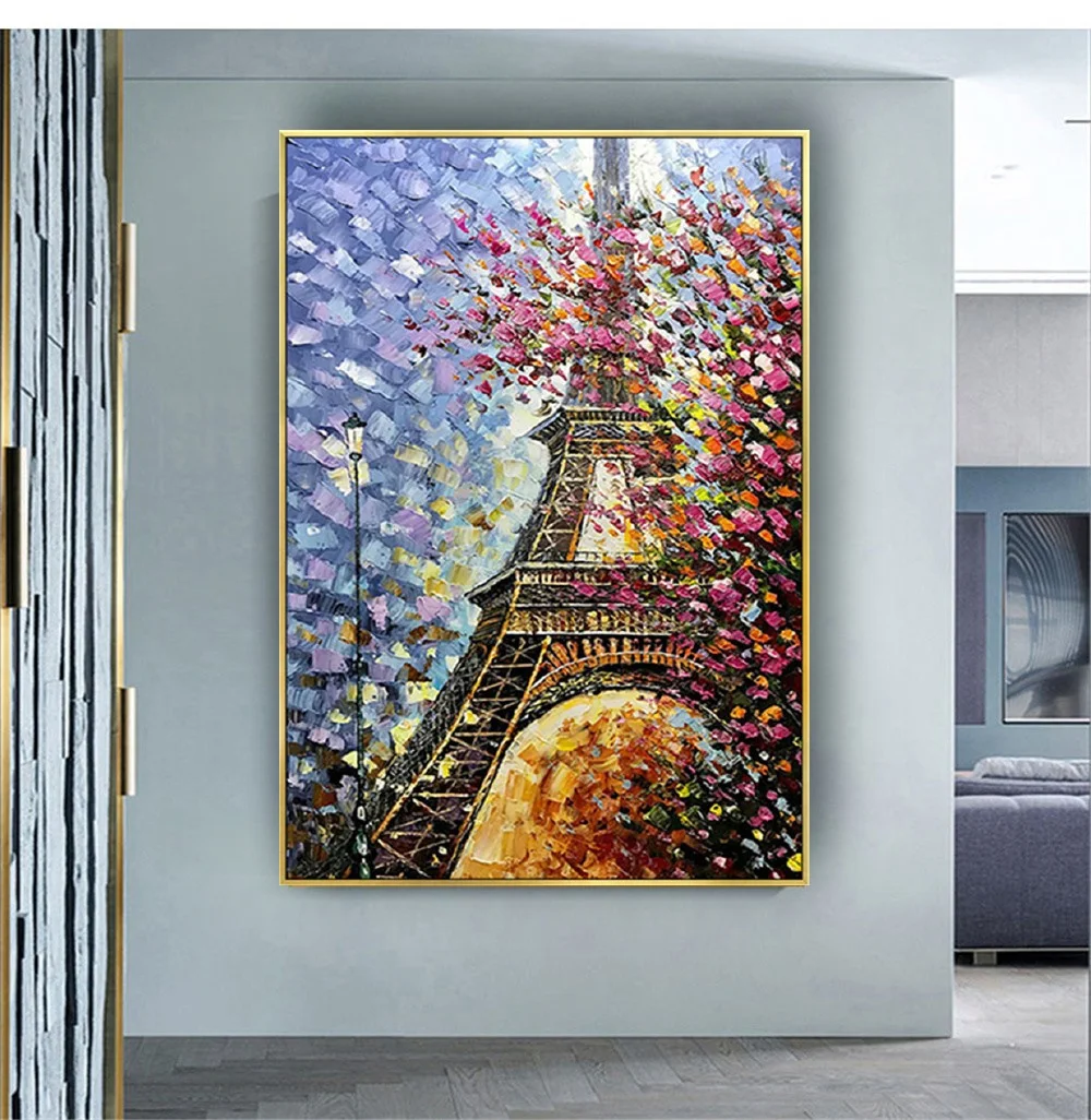 

European Style Hand-Painted Oil Painting Eiffel Tower Decoration Vertical Hanging Picture For Living Room Wall Porch Aisle