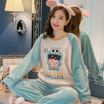 

2020 Autumn and Winter Pajamas Women's Flannel Set Thick Warm Student Cute Sweet round Neck Leisure Tops