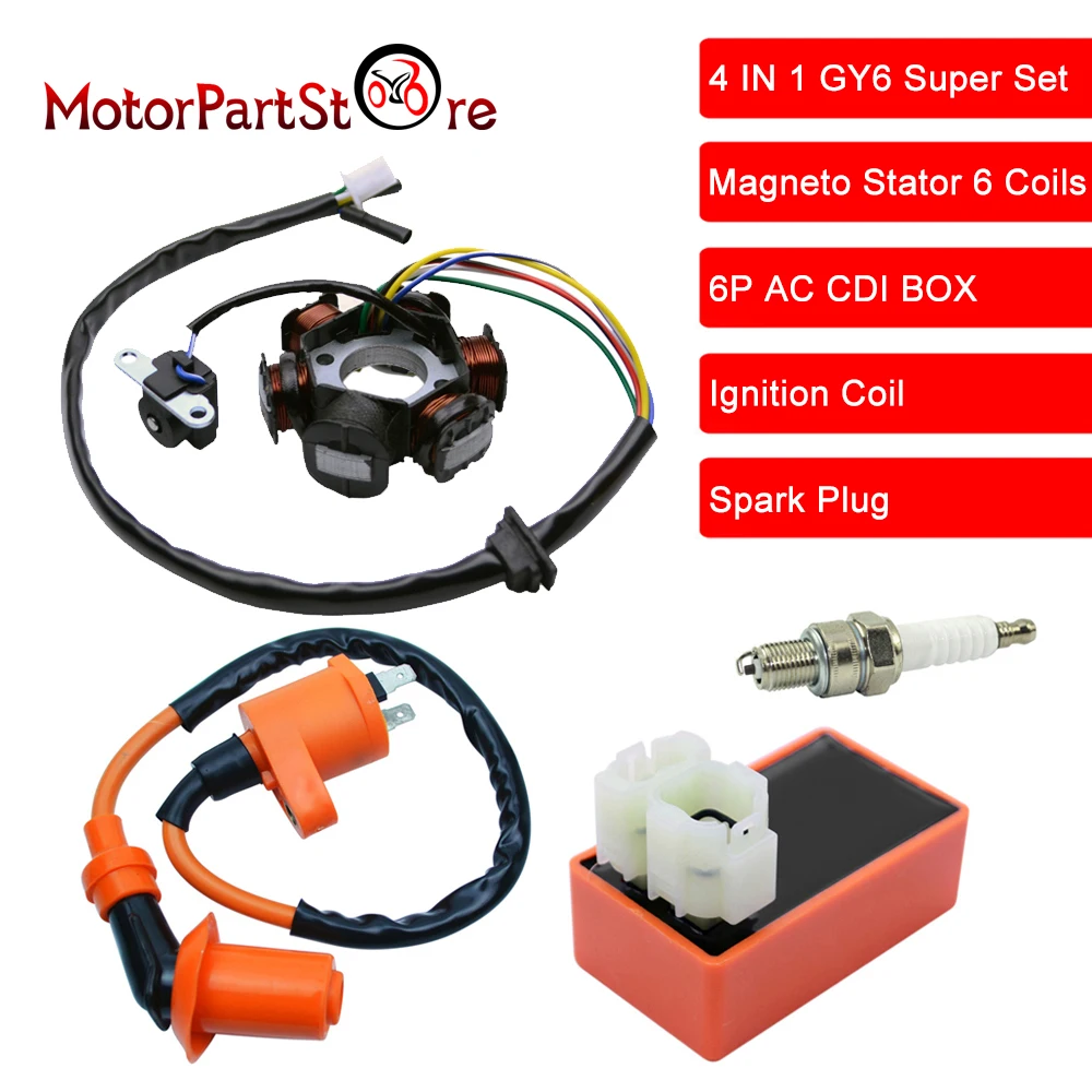 Ac 6 Pin Cdi Box Ignition Coil Spark Plug Stator For Gy6 50