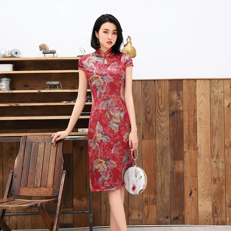 Новинка, винтажное атласное платье на пуговицах с цветами, элегантное женское платье Qipao, новое летнее классическое вечернее платье, платье
