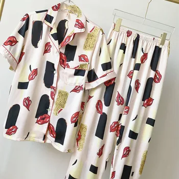 

Fiklyc New Pajamas Women Spring And Summer Ice Silk Thin Section Lapel Short-Sleeved Trousers Two-Piece Suit Lips Cute Home