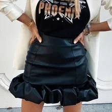 Женская черная мини-юбка из искусственной кожи, высокая талия, гофрированные, облегающие, короткие женские юбки,, зима-осень, сексуальные юбки для женщин
