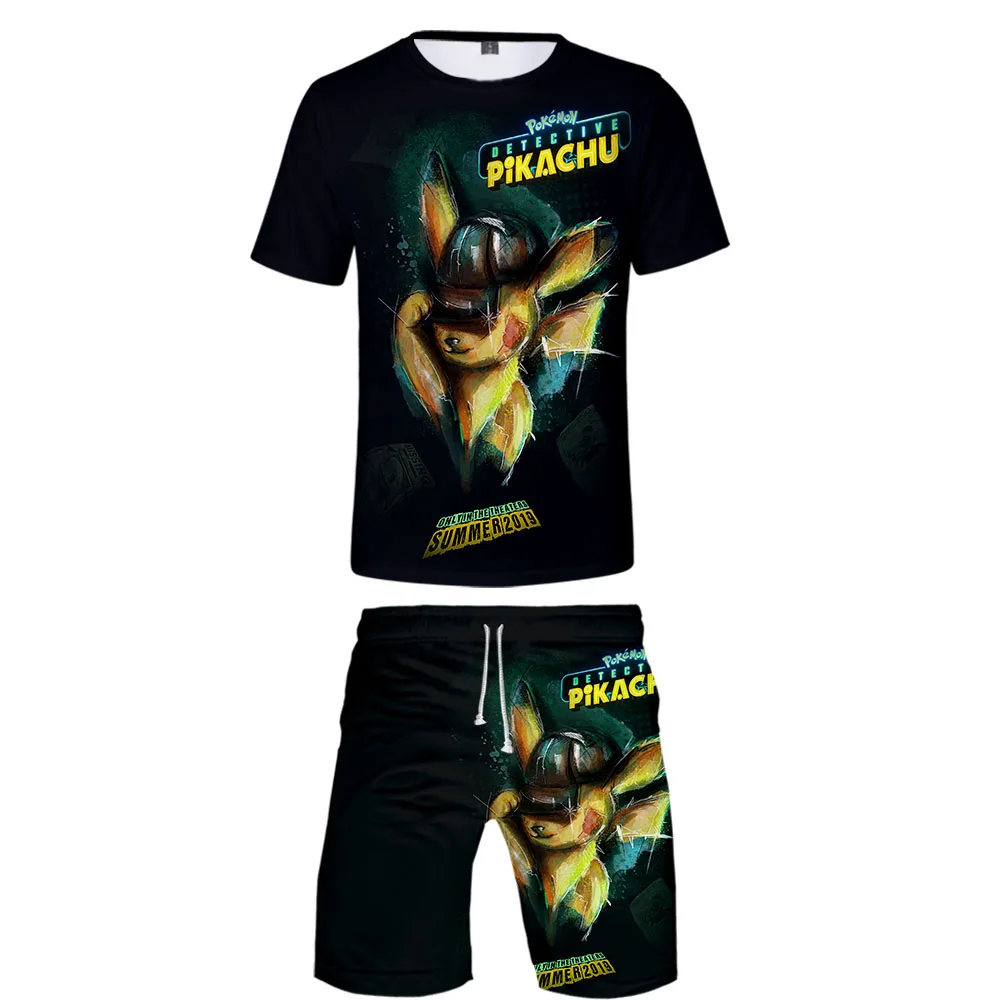 Модный бренд Pokemon Detective Pikachu 3D Печать Базовая модные уличные Мужские Два рис комплект детской одежды-рубашка+ Комплекты с короткими штанами