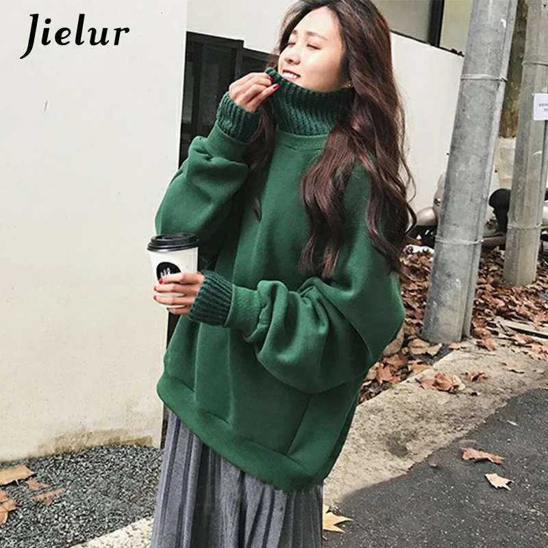  Jielur Korean Style Oversized Hoodies Female Winter False Two Pieces Turtleneck Women's Sweatshirt 