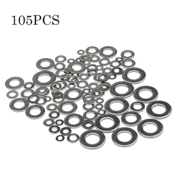 

105PCS/Set Stainless Steel Flat Washers M3/M4/M5/M6/M8/M10 Silver Metric Flat Gasket Plain Washers Kit Spring Washers Assortment