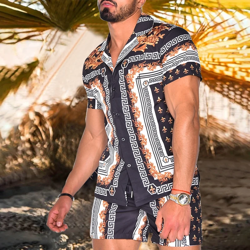 Verano de los hombres de moda conjuntos de manga corta impreso solapa-Breasted hombres camiseta hawaiana pantalones casuales para la playa trajes de 2 piezas M-3XL