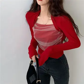 

Women Sexy T-Shirt Casual Shirt Wild Long Sleeve Tops Mesh Splicing Fake Two-piece Shirt