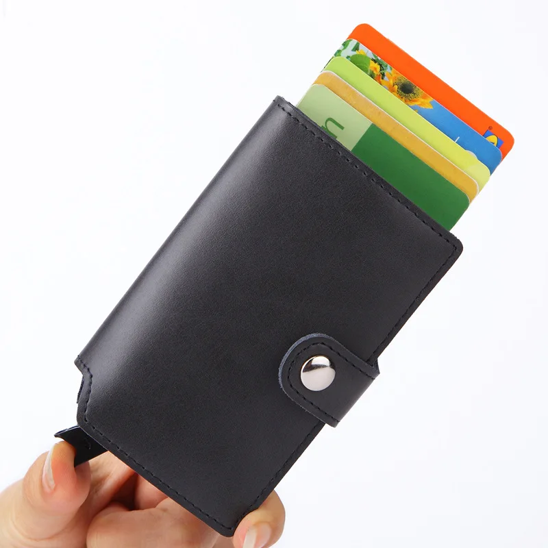 

2019 New Card Holder Metal Credit Anti-Theft Brush Aluminium Alloy Genuine Leather Card Bag Degaussing Automatic Elastic-Card Cl