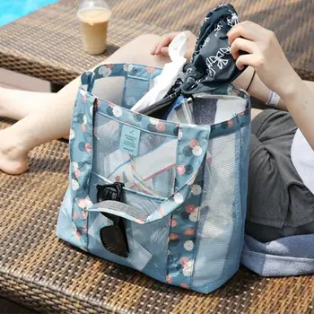 

Beach Mesh Clothes Storage Tote Pouch Foldable Handy Shopping Bags Reusable Tote Pouch Recycle Storage Handbags Shoulder Bag