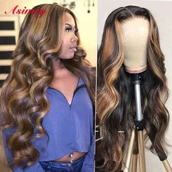 Asimey Highlight Transparent Lace Frontal Body Wave Wig Human Hair Wigs P4/27 Colored Brazilian Remy 13X4X1 Preplucked For Women
