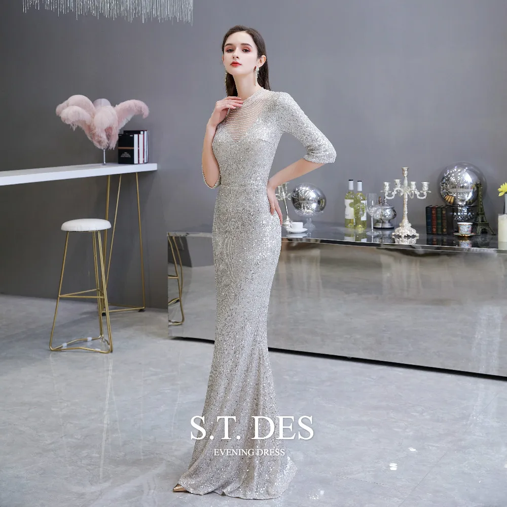 

2020 S.T.DES Brillian Silver High Sheer Neck Full Sequins Tulle Mermaid Dress Illusion 1/2 Long Sleeves Evening Dress For Woman