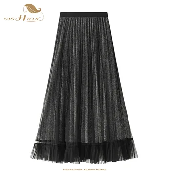 

SISHION Pretty Women Ladies Long Skirt WF0061 Black Pink Grey jupe femme Spring Summer Pleated Tulle Skirt Womens Clothes