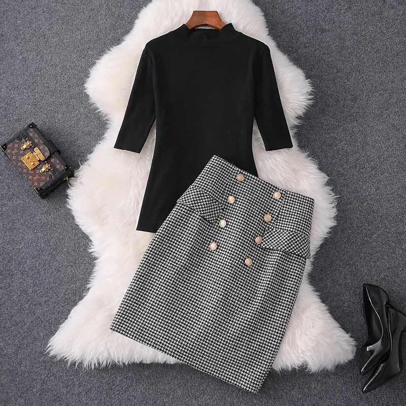 

Spring Fall Fitness Casual Twin Sets Short Sleeve Pullovers Black Sweater Houndstooth Straight Skirt Slim Suits