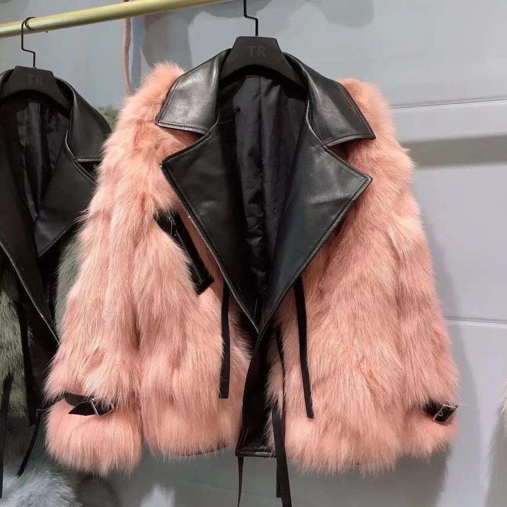 Pink Шуба из натурального Лисьего меха, женская зимняя Новинка, модная куртка из натуральной овечьей кожи с воротником, большие размеры - Цвет: Pink