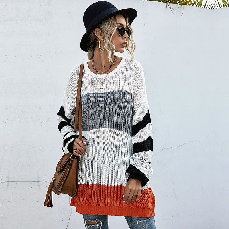

Color Block Women's Sweaters Fashion Crew Neck Drop Shoulder Knitted Jumpers Causal Loose Clothes for Ladies Fall Pullover Tops