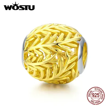 

WOSTU Real 925 Sterling Silver Golden Branch Beads Round Charms Pendant Fit Original Bracelet Necklace Jewelry Making CQC1332