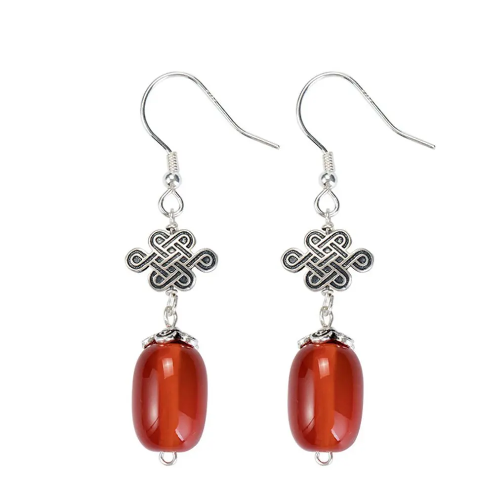 

S925 Silver Chinese Knot Red Green Agate Barrel Bead Earrings Female Diy Handmade National Wind Lady Temperament Ear Jewelry