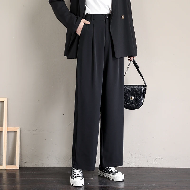 Pantalones rectos de longitud completa para mujer, pantalón sencillo, elegante, ajustado, estilo coreano, holgado, de alta calidad, 2020