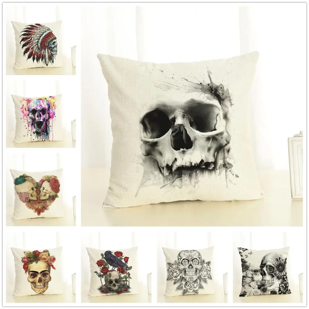 

Halloween Skulls Cushion Cover Party Home Decorative Sofa Pillowcase Comfortable Cotton Linen Pillow Cover 45x45 cm