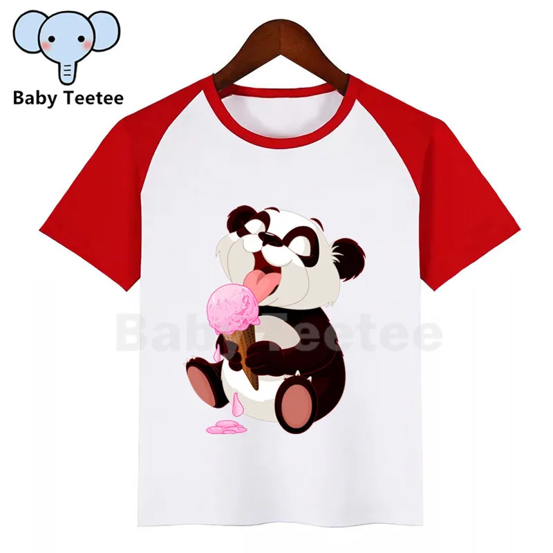 

Lovely Panda Kids T Shirt Funny Girls Panda Eats Icecream Top Harajuku Round Neck Short Sleeves Boys Clothing Tshirt