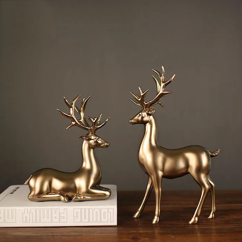  1 Set Gold Color Deer Figurines Miniatures European Style Resin Deers Living Room Bedroom Wine Cabi - 4000069742734