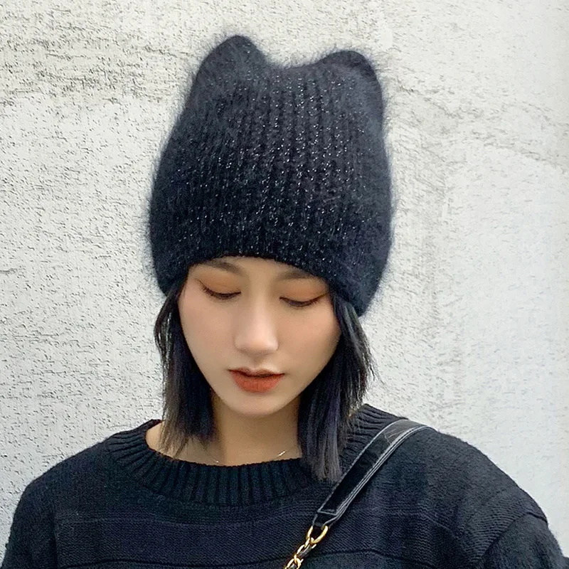 

2020 Winter Hat Cat Ear Shaped Knitted Cap Girl Rabbit Fur Ear Beanie Hat For Women Skullies Warm Wool Cap Gorros Female Cap