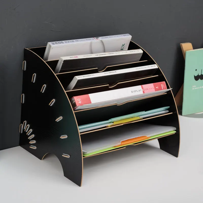 

Fan-shaped Wood Desktop File Shelf Office Supplies Organizing Storage Frame Storage File Holder Multilayer A4 Information Booksh