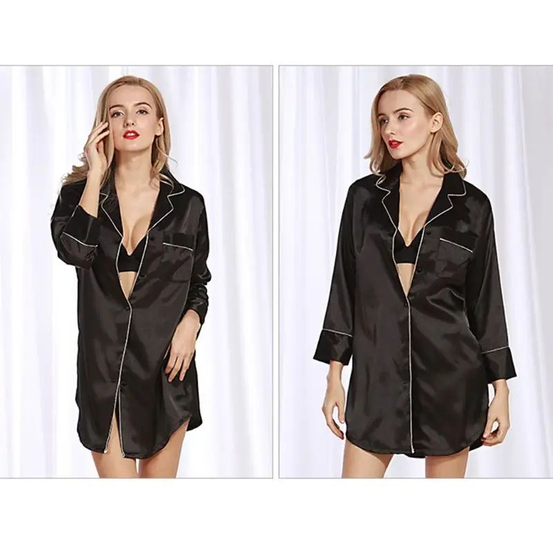 Женская ночная рубашка из искусственного шелка с длинным рукавом, ночная рубашка на пуговицах