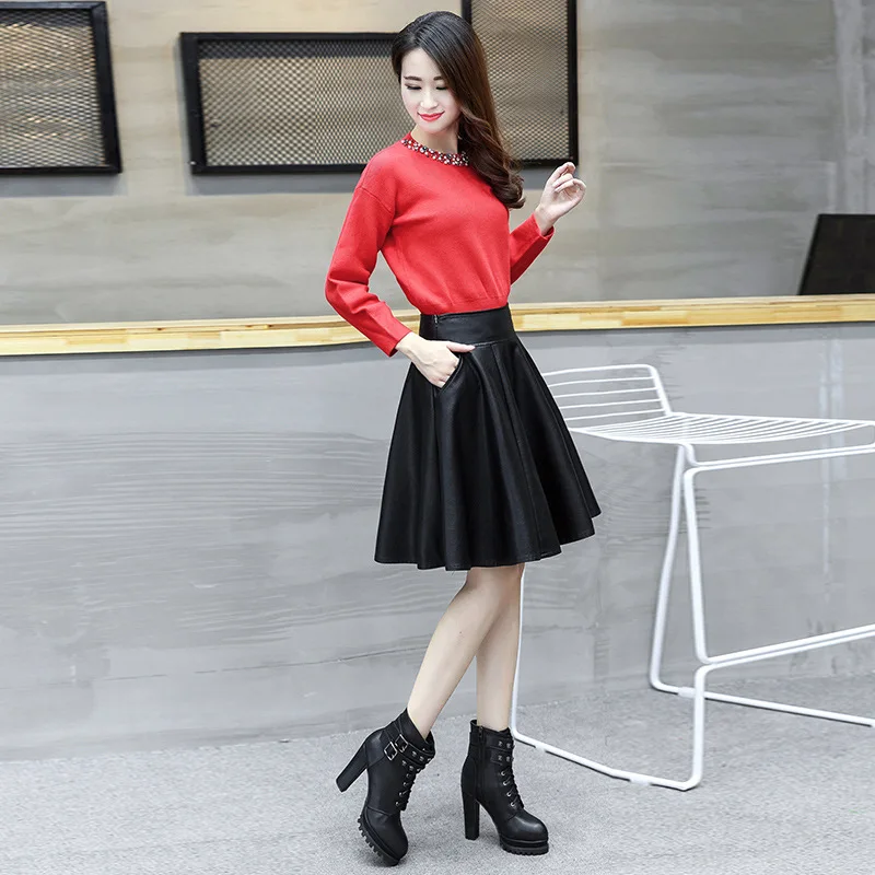 

2019 Autumn New Pu Full Skirt Women's Korean-style High Waist Skirt Solid Color Waist Hugging Big Skirt