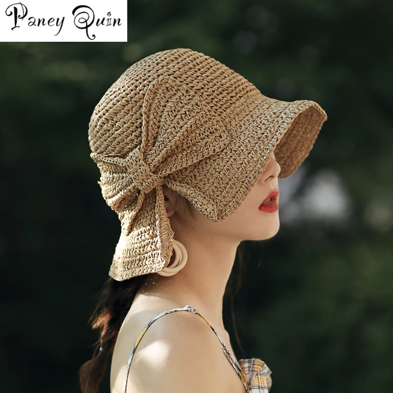 100% Raffia бант шляпа от солнца широкие свисающие поля летние шляпы для женщин Пляжная Панама соломенный котелок, Панама шляпа Femme
