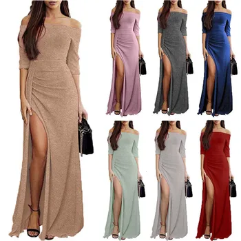 

BacklakeGirls Sexy Split Side Boat Neck Off Shoulder Evening Dress Sparkling Sequined Long Dinner Party Dress Robe Longue Soiree