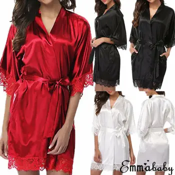 

Women Sexy Silk Kimono Dressing Babydoll Lace Lingerie Belt Bath Robe Nightwear