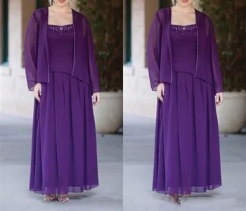 

Elegant two-Pieces Mother of the Bride Dresses with Jackets 2019 vestido de madrinha Purple Chiffon Formal Beads Long Sleeve