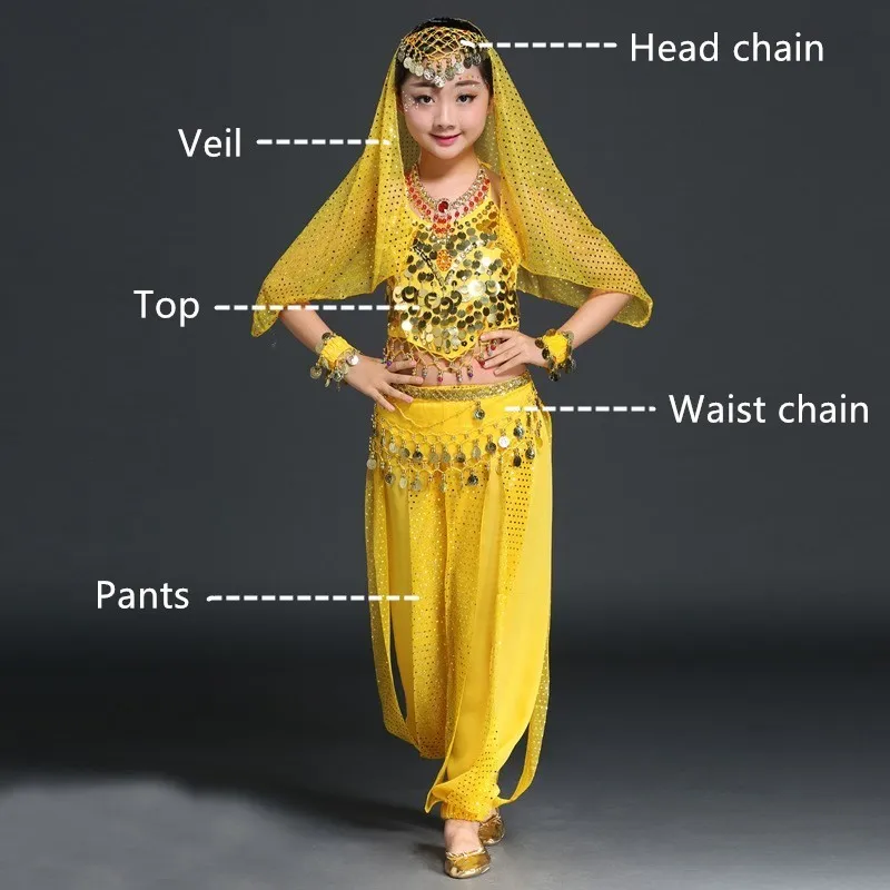 Yellow 5pcs Новейший Детский комплект для танца живота, индийский костюм для танца живота, Восточный танец, танец живота, сценический костюм, костюм, 4 цвета - Цвет: Yellow 5pcs