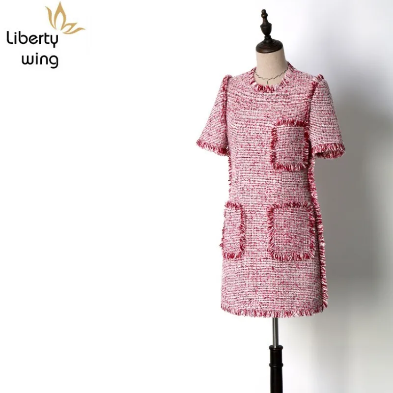 Brand Elegant Red Tweed Summer Sleeve Tassel Short Dress Female Streetwear Office Lady Party Vestido Pocket Xs-L