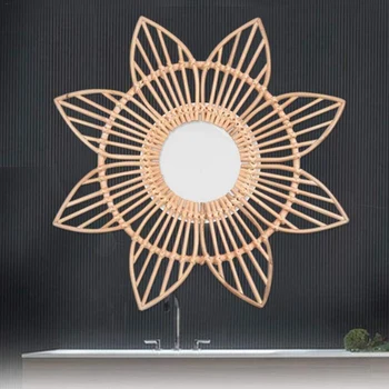 

Flower Rattan Frame Mirror Decor Photo Wall Frames Wood Art Deco Frame, Vintage Craft Picture Frame Hanging Wall Mirror Frame, N