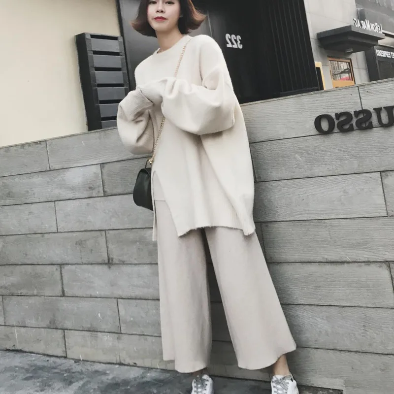 Women Sets Sweaters And Pants Two Piece Set Autumn Winter New Female Long Sweater With Wide Leg Pants Loose White Woman Sets