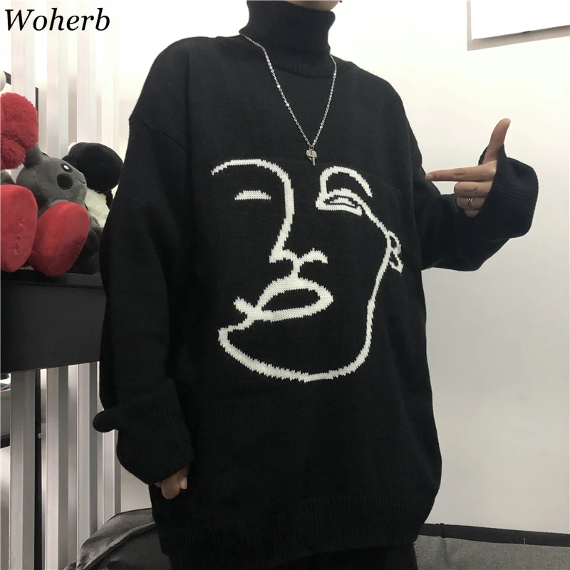 Woherb Водолазка с длинным рукавом свитер женский абстрактный жаккард Harajuku винтажные пуловеры Джемперы корейская мода BF Стиль 91363