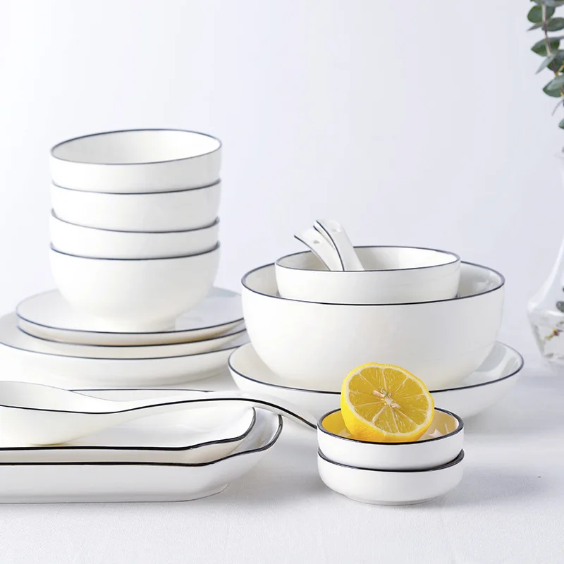 

Japanese Style Bowl Dish & Plate Ceramic Tableware Set Rice Bowl White Plates Simple Black Lines Family Plate