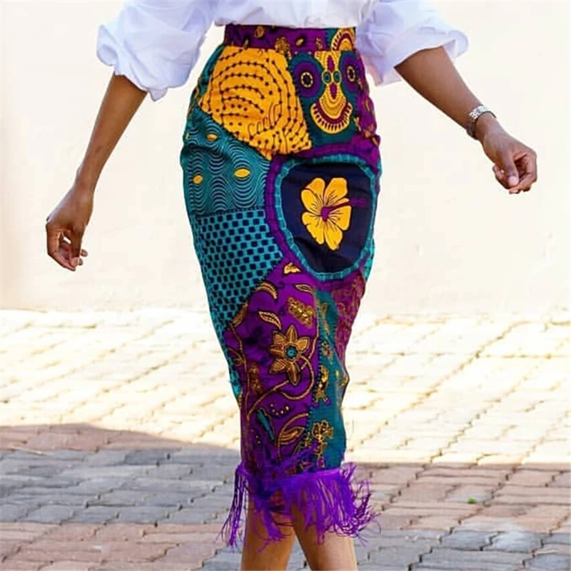 Women Fringe Print Skirt Vintage Floral African Fashion High Waist Tassel Classy Modest Elegant Retro Skirts for Ladies XXL | Женская
